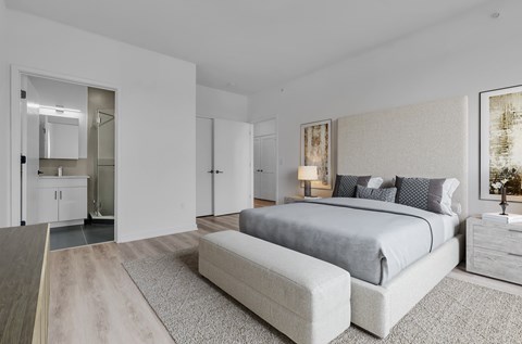 A bedroom with a large bed and a grey rug.