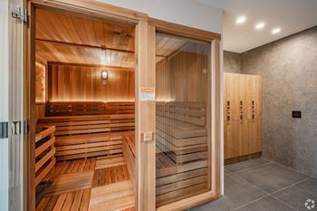 A Sauna Room With Benches at Hue Soul Apartments, New Jersey, 07018