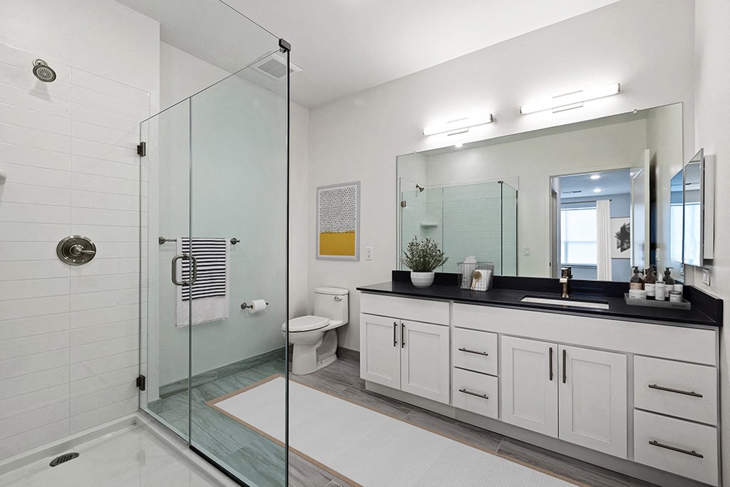 a bathroom with a shower and a sink and a mirror