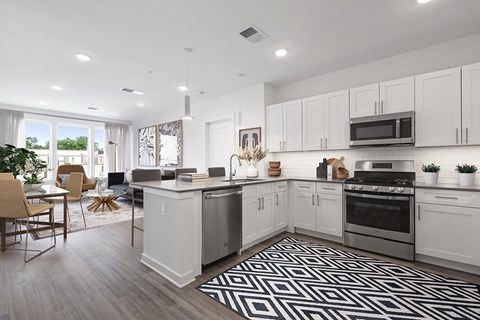an open kitchen and living room with white cabinets and a black and white rug