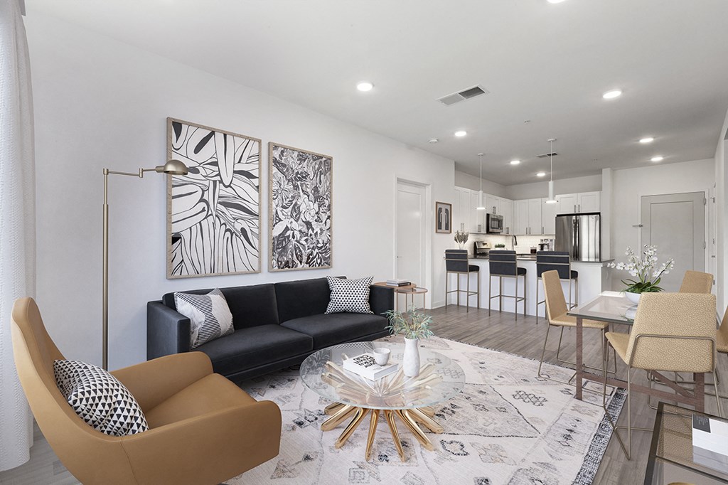 a living room with a couch and a table
