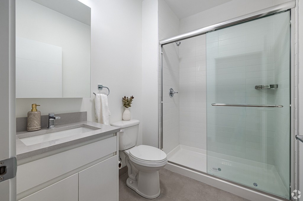 A Modern Bathroom at Hue Soul Apartments, East Orange
