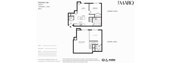 A floor plan for a two-story residence with a living room, dining room, kitchen, and bathrooms.