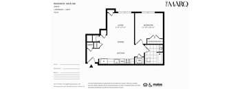 A floor plan for a property at The Marq shows two bedrooms and a kitchen.