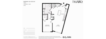A floor plan for a property at The Marq shows a living area, a kitchen, a dining area, a bedroom, and a bathroom.
