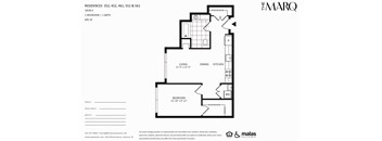 A floor plan for a residence at The Marq shows a living room, dining room, kitchen, and a single bedroom.