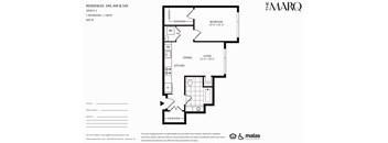 A floor plan for a residence at The Marq shows a bedroom, living room, dining room, kitchen, and bathroom.