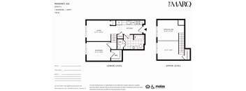 A floor plan for a residence with two levels, a living room, a kitchen, a dining area, two bedrooms, and a bathroom.