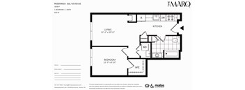 A floor plan for a residence with a living room, kitchen, and bedroom.