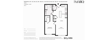 A floor plan for a residence with a kitchen, dining area, and two bedrooms.
