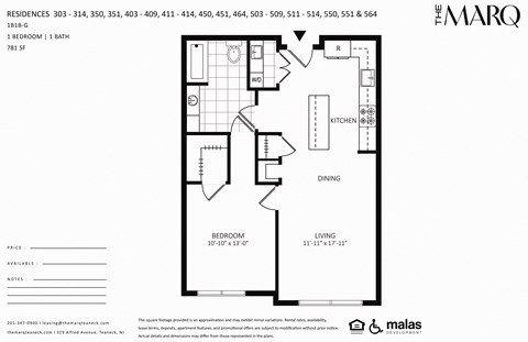 A floor plan for a residence with a kitchen, dining area, and two bedrooms.