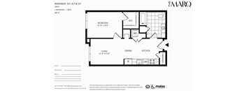A floor plan for a property at The Marq shows a bedroom, living room, dining room, and kitchen.