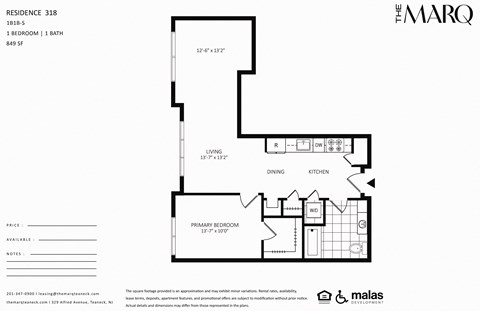 A black and white floor plan for a residence with a living room, dining room, kitchen, and primary bedroom.