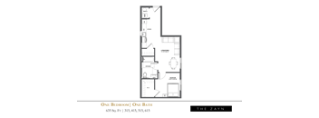 A floor plan of a one bedroom apartment with one bath.