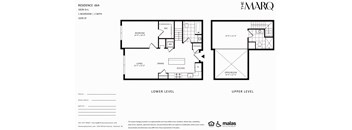 A floor plan for a residence at The Marq shows a living room, dining room, kitchen, and bedrooms.