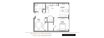 A black and white image of a floor plan for a one bedroom, one bathroom apartment.