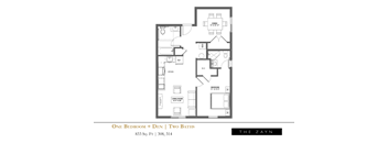 A black and white image of a floor plan for a one bedroom apartment with two bathrooms.
