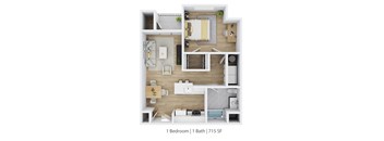 A floor plan of a one bedroom apartment with a bath.