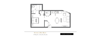 A black and white image of a floor plan for a studio apartment.