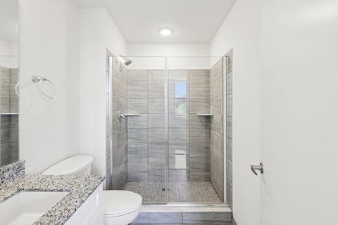A white bathroom with a walk in shower and a toilet.