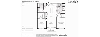 A floor plan for a residence with a kitchen, dining area, and two bedrooms.