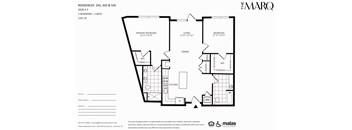 A floor plan for a residence with three bedrooms and two bathrooms is displayed.