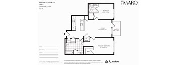 A floor plan for a residence at The Marq shows a living area, two bedrooms, a bathroom, and a den.