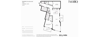 A floor plan for a residence with a living room, kitchen, and two bedrooms.