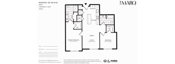 A floor plan for a residence at The Marq shows a living area, two bedrooms, a dining area, a kitchen, and two bathrooms.
