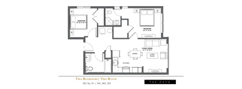 A floor plan of a two bedroom, two bathroom apartment.