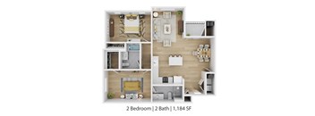 A 2 bedroom apartment with 2 bathrooms and 1,184 square feet.