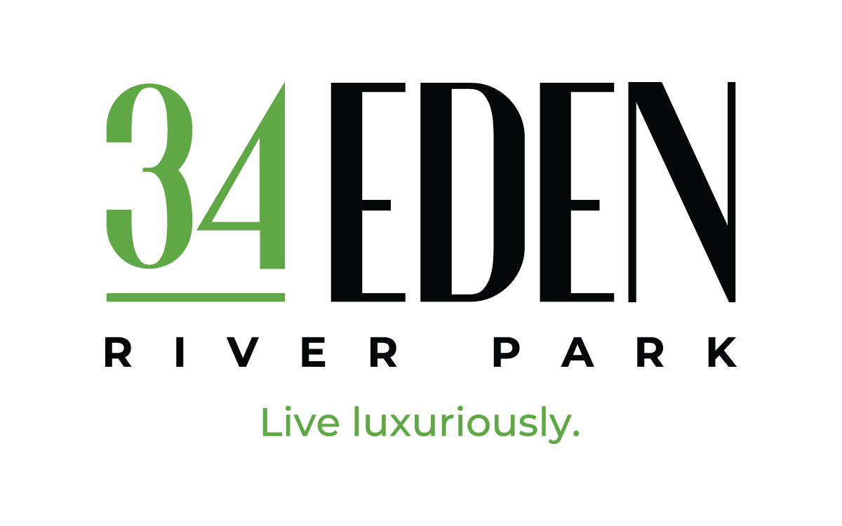 A logo for 34 Eden River Park with the tagline "Live luxuriously.".