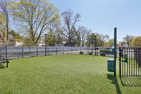 A park with a green grass field, a bench, a trash can, and a fence.