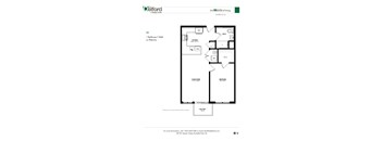 A floor plan for a Delford apartment shows a living room, a bedroom, a bathroom, a kitchen, and a balcony.