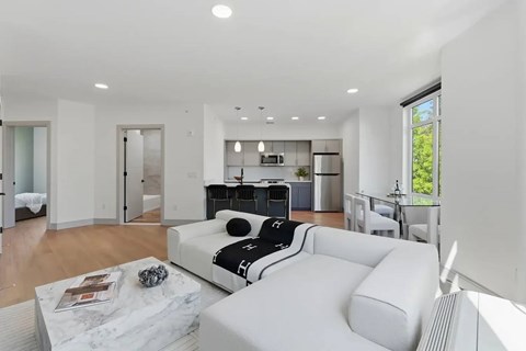 A modern living room with a white sofa and a black and white cushion.