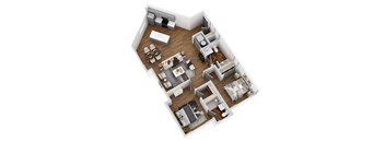 A top-down view of a house layout with a kitchen, living room, dining area, and bedrooms.