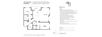 A black and white image of a floor plan for a building with a logo in the top right corner.