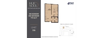 A floor plan for a 779 square foot apartment with one bedroom and one bathroom is displayed.