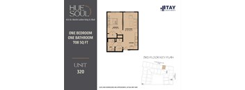 A floor plan for a 708 square foot apartment with one bedroom and one bathroom.