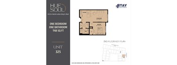 A floor plan for a one bedroom, one bathroom apartment at Hue Soul East Campus.