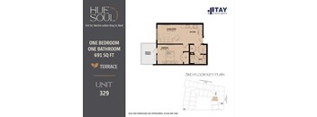 A floor plan for a 691 square foot apartment with one bedroom and one bathroom.