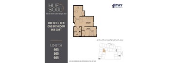 A floor plan for a 868 square foot apartment with one bed and one bathroom is shown.