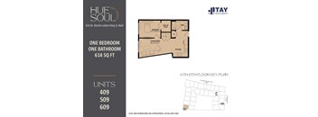A floor plan for a 614 square foot apartment with one bedroom and one bathroom is shown.
