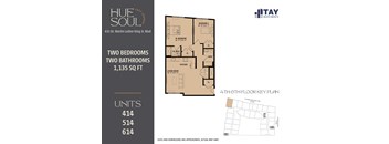 A floor plan for a two bedroom, two bathroom apartment at Hue Soul East apartments.