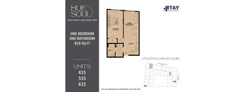 A floor plan for a one bedroom, one bathroom apartment at Hue Soul apartments.