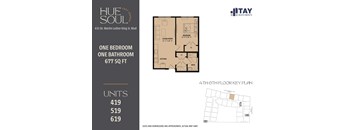 A floor plan for a one bedroom, one bathroom apartment at Hue of Soul apartments.