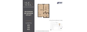 A floor plan for a one bedroom, one bathroom apartment at Hue of Soul apartments.
