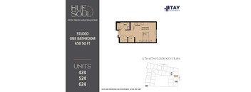 A floor plan for a studio apartment with one bathroom is shown along with the apartment's address and dimensions.