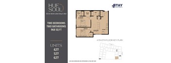 A floor plan for a two bedroom, two bathroom apartment at Hue Soul Apartments.