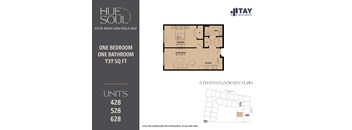 A floor plan for a one bedroom, one bathroom apartment at Hue Soul apartments.